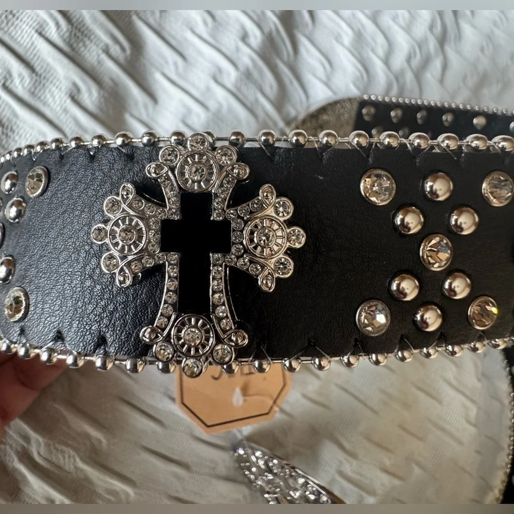 Black Sparkling Rhinestone  Belt Leather